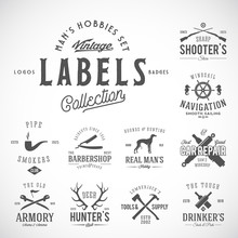 Set Of Vintage Icons, Labels Or Logo Templates With Retro Typography For Mens Hobbies Such As Yachting, Hunting, Arms, Dog Breeding, Car Repair, Etc. 