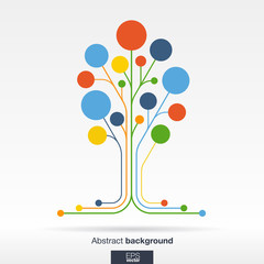Abstract background with lines and color circles. Growth flower or tree concept for communication, business, social media, technology, ecology, network and web design. Flat Vector illustration.