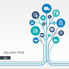 Abstract Delivery background - connected circles, integrated flat icons. Growth tree idea with logistic, service, shipping, distribution, transport, market concepts. Vector interactive illustration