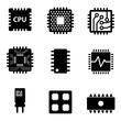 Vector black CPU microprocessor and chips icons set. Electronic chip icons on white background