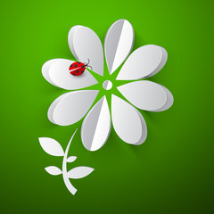 Sticker - Flower - Paper Cut Abstract Flower with Red Ladybird - Ladybug on Green Background