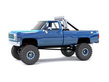 A Large Blue Pickup Truck Off-road. Full Off-road Training. Highly Raised Suspension. Huge Wheels With Large Spikes For Rocks And Mud. 3d Illustration.