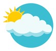 Flat sun behind cloud over blue sky. Sun. Cloud. Icon. Logo.  Isolated