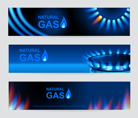set of three banners natural gas. blue gas flame. vector eps 10.