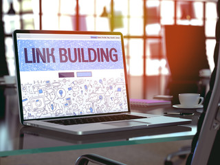Wall Mural - link building - closeup landing page in doodle design style on laptop screen. on background of comfo
