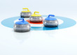 Group of curling stones in the center of the house on the ice. 3d rendering.