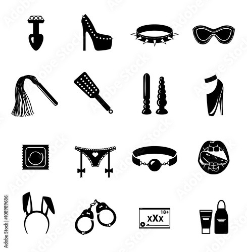 Flat monohrome Sex shop icon set, sex toys, bdsm, vector Poster