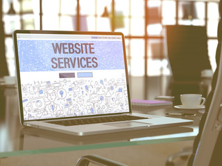 Wall Mural - website services concept closeup on landing page of laptop screen in modern office workplace. toned 