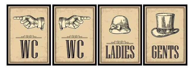 Toilet retro vintage grunge poster. Ladies, Cents, Pointing finger.  Vector vintage engraved illustration on a beige background.  For bars, restaurants, cafes, pubs