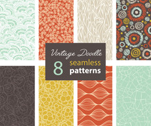 Vector Vintage Doodle Repeat Seamless Patterns 8 Set With Various Hand Drawn Textures In Matching Prints. Perfect For Scrapbooking, Wallpaper, Bedding, Furniture, Packaging.