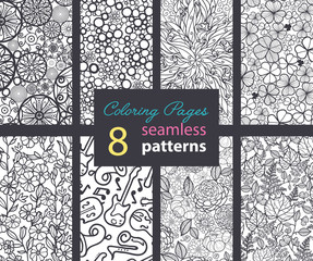 Vector Adult Coloring Book Textures Seamless Repeat Patterns 8 Set With Mandalas, bubbles, Flowers, Musical Instruments, Leaves, Clover. Perfect for coloring fun and decor, packaging.