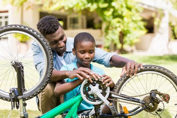 Wall Mural - Happy family repairing a bike