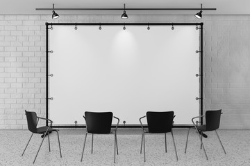 Poster - Chairs against Blank Flag Banner with lights. 3d rendering