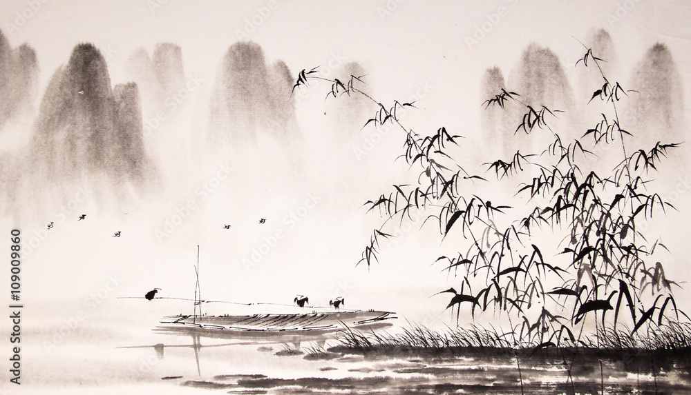 Chinese landscape ink painting - obrazy, fototapety, plakaty 