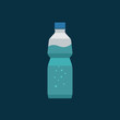 Water bottle plastic illustration isolated on dark blue background, bottle of mineral water with bubbles inside, flat icon simple cartoon design