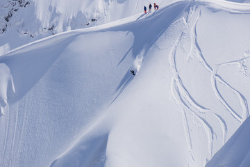 Wall Mural - Snowboard freeride, snowboarders and tracks on a mountain slope. Extreme winter sport.