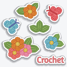 Set Of Crochet Elements. Flowers, Butterflies, Leaves. Crochet Stitches.