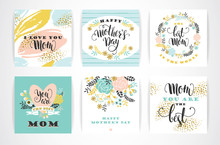 Set Of Happy Mothers Day Lettering Greeting Cards With Flowers.