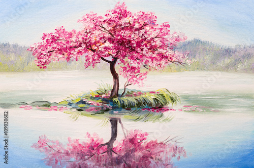 Cuadros en Lienzo oil painting landscape, oriental cherry tree, sakura on the lake