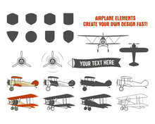 Vintage Airplane Symbols. Biplane Vector Graphic Labels. Retro Plane Badges, Design Elements. Aviation Stamps Vector Collection. Fly Propeller, Old Icon, Shield Isolated On White Background