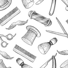 Vector Vintage Hand Drawn Barber Shop Seamless Pattern. Detailed
