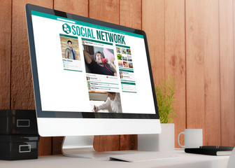 Wall Mural - modern workspace with computer showing social network