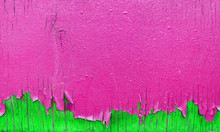 Peeling Pink And Green Paint On Wooden Wall. Bright Background With Peeling Paint.