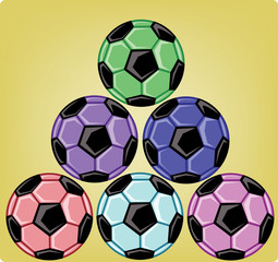 Wall Mural - Six soccer balls one on another forming a triangular shape. Colorful sports objects on yellow background. Sports banner or flyer card. Digital vector illustration.