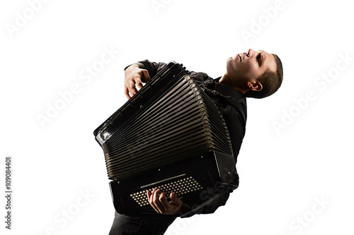 Fényképezés Accordion player. Photo shoot of classical musician