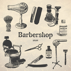 Vintage Barbershop tools. Vector Illustration Set. Brush, razor, chair, scissors, comb, hairdryer.