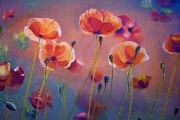 Oil  painting red poppy  flowers.  Spring  floral nature backgro