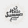 Hello summer, typographic inscription on vintage monochrome sun background. Vector illustration