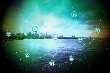 Leinwandbilder - cityscape on the coast, smart energy, smart grid, abstract image visual