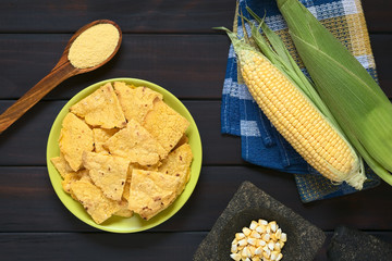 Canvas Print - Homemade baked corn chips on plate with cornmeal, corn cobs and corn kernels in mortar, photographed on dark wood with natural light