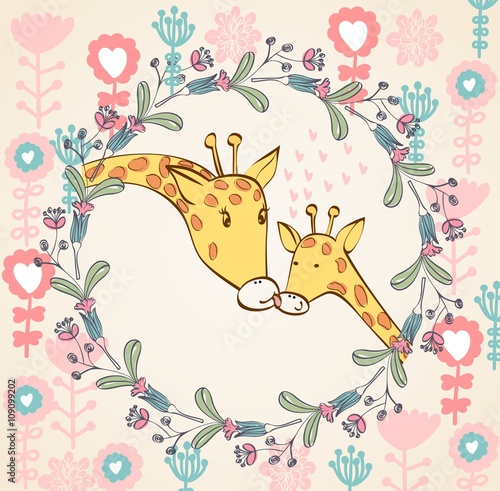 Stylish floral background with cartoon giraffe in light colors.