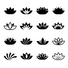 Lotus Flower Icons Set. Vector Lotus Flowers Signs Or Plant Lotus Blossom Symbols
