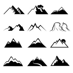 Sticker - Monochrome mountain vector icons. Snowy mountains signs or mountains peaks vector symbols