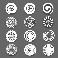 Poster - Motion spiral or swirl vector icons. Spinning white spiral and twist spiral signs, white spiral elements