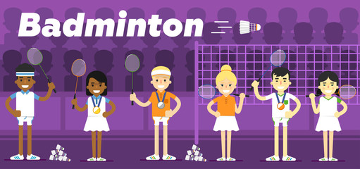 Wall Mural - Badminton team on awarding some pedestal with a gold, a silver and a bronze medal with rackets in hand flat vector illustration. The Olympic sport.