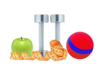 fitness dumbbells, measure tape, red ball and green apple isolat