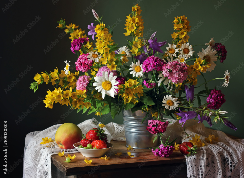 Still life with a summer bouquet and fruits. - obrazy, fototapety, plakaty 