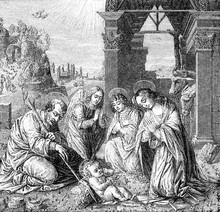An Engraved Vintage Illustration Image Of The Nativity Of Jesus Christ, From A Victorian Bible Book Dated 1883 That Is No Longer In Copyright