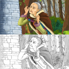 Wall Mural - Cartoon scene of an old lady near the rocky wall - with coloring page - illustration for children