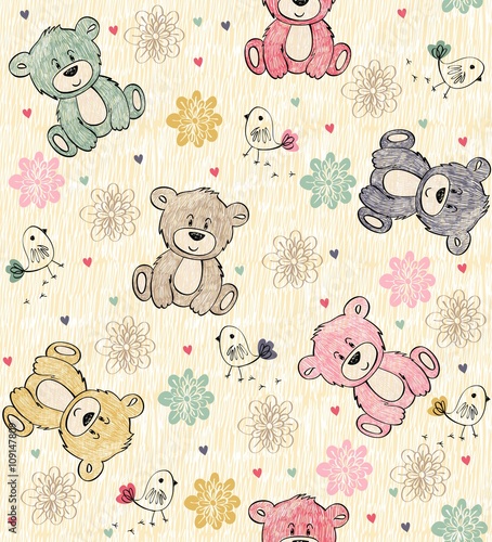 Cute hand draw seamless pattern with cartoon bear Fototapete