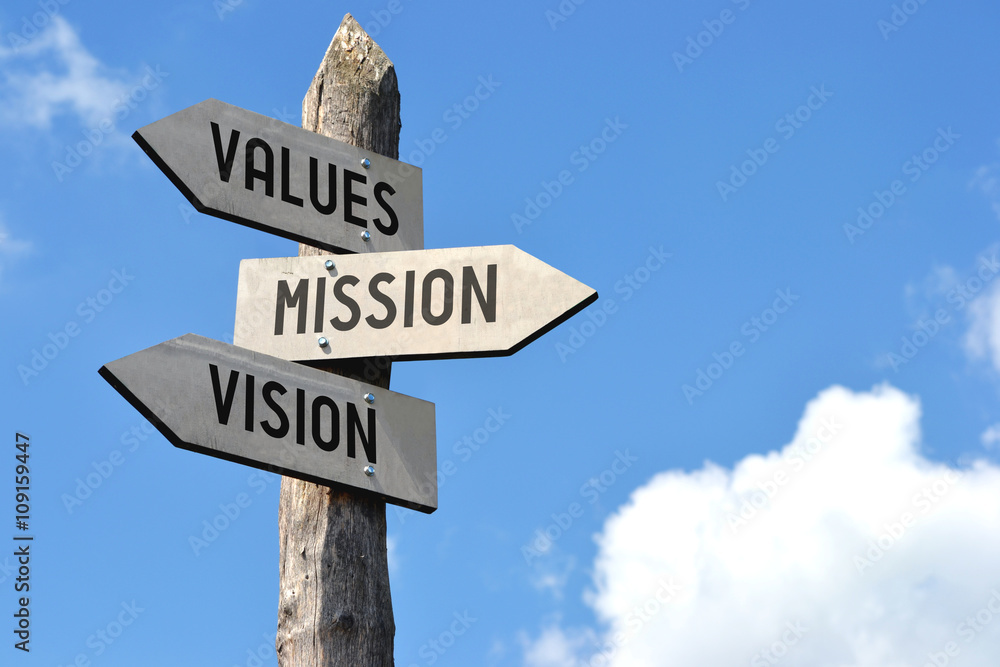 Values, mission, vision signpost - obrazy, fototapety, plakaty 