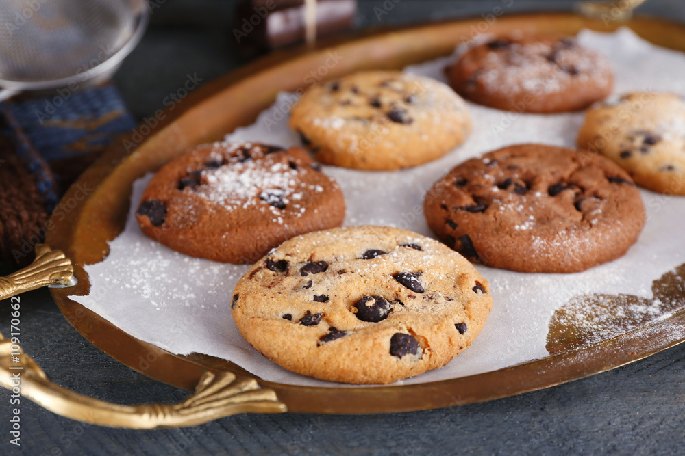 Chocolate chip cookies on a metal tray