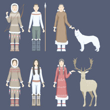 Characters Eskimos Women And Men Dressed In National Costumes With Ethnic Weapons And Animals / Reindeer And White Wolf