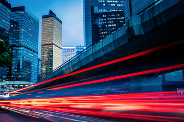 traffic trails in the downtown district,hongkong china.