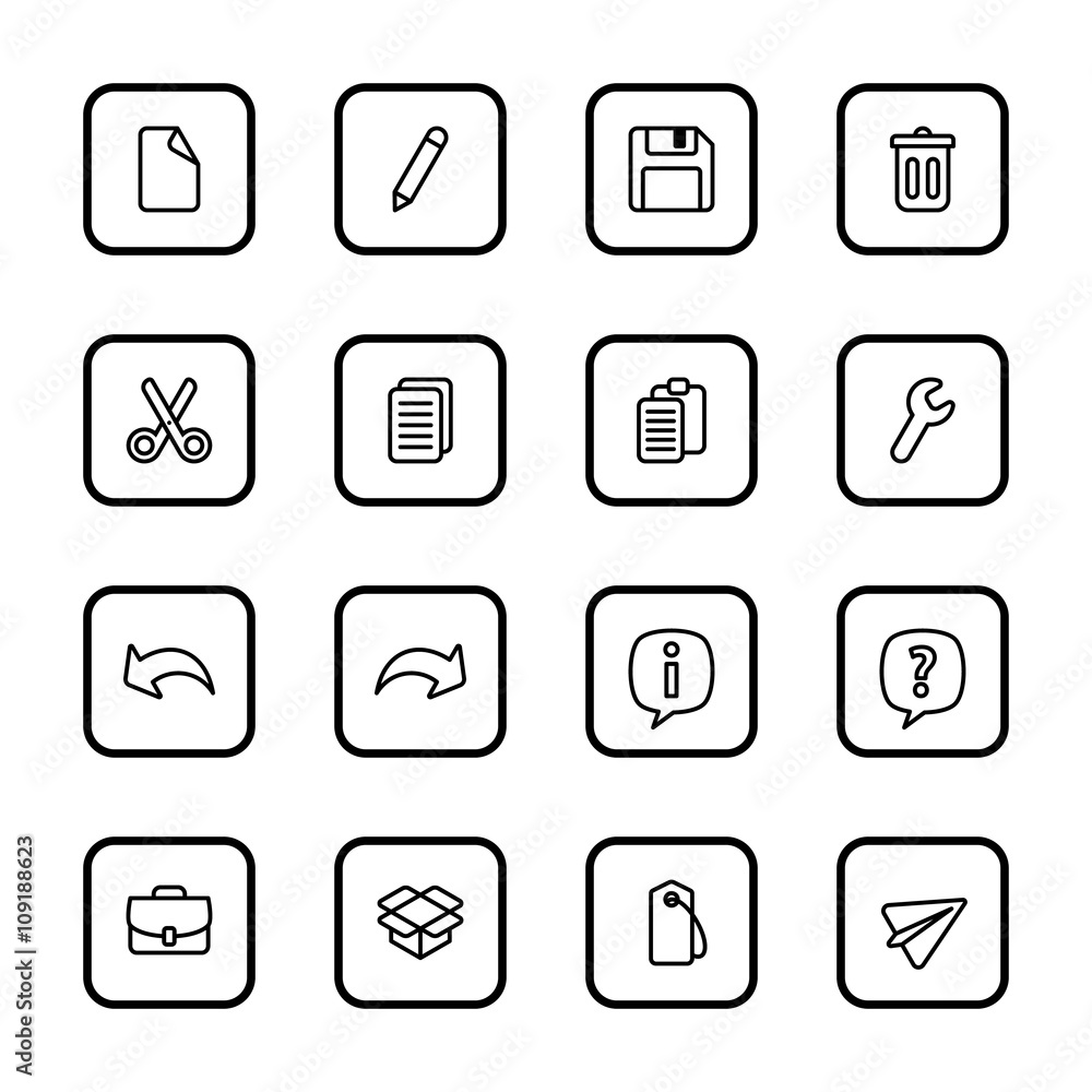 black line web icon set with rounded rectangle frame for web design ...