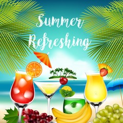 Summer holidays with palm tree, cocktails and fruits 